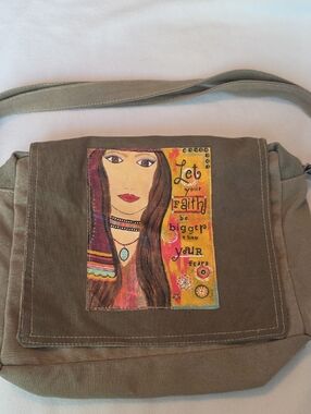 Hand-Painted Olive Canvas Crossbody Bag with Faith Panel